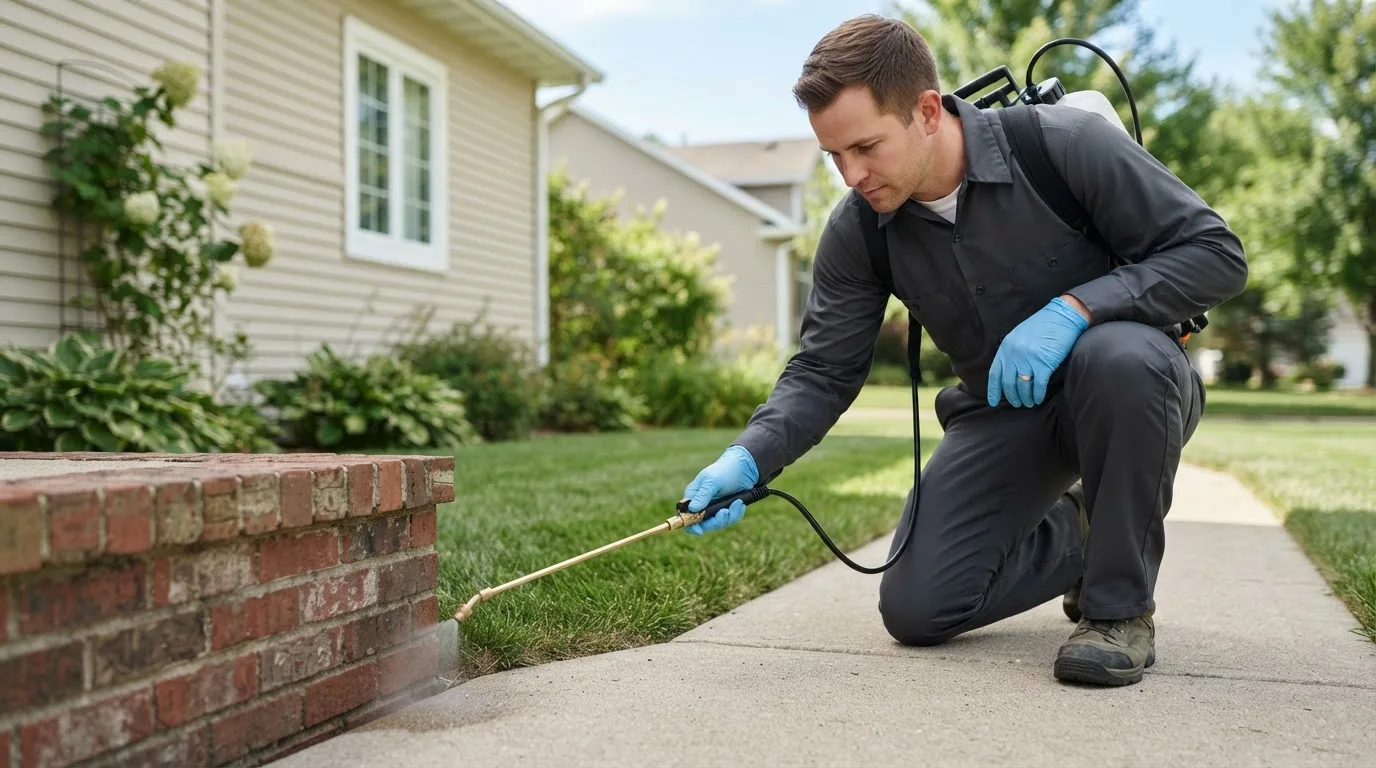 Pest control technician treating a home near Dillwyn, VA